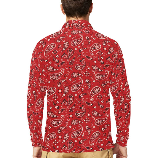 Bandana Paisley Red Print Design LKS3011 Long Sleeve Polo Shirt For Men's