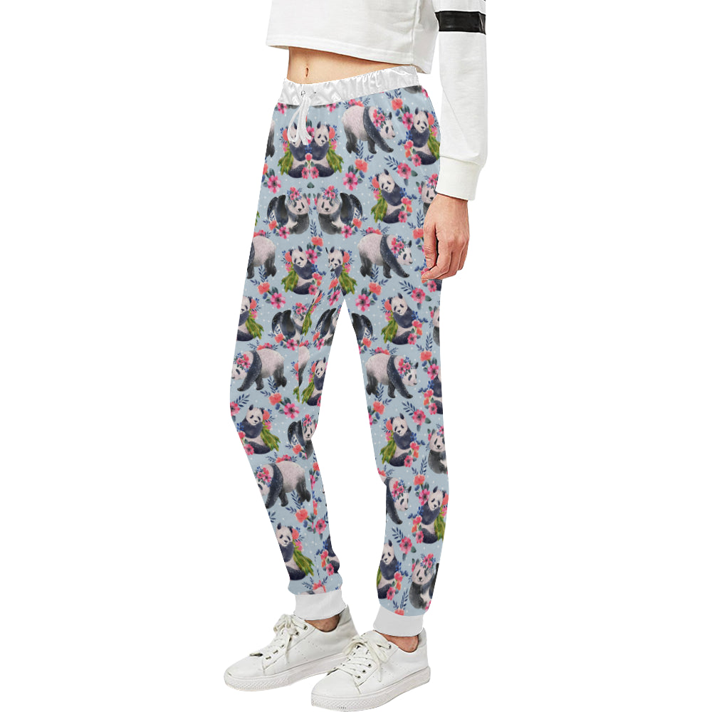 Panda Bear Flower Design Themed Print Unisex Sweatpants