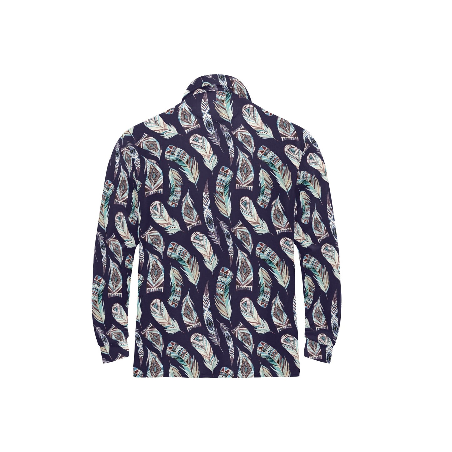 Feather Vintage Boho Design Print Long Sleeve Polo Shirt For Men's