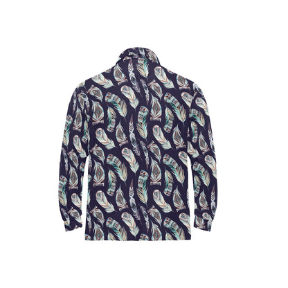 Feather Vintage Boho Design Print Long Sleeve Polo Shirt For Men's