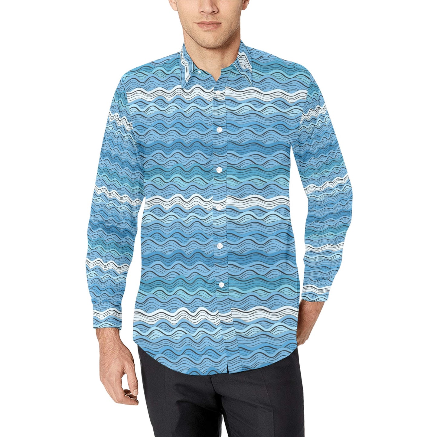 Wave Print Design LKS301 Men's Long Sleeve Dress Shirt