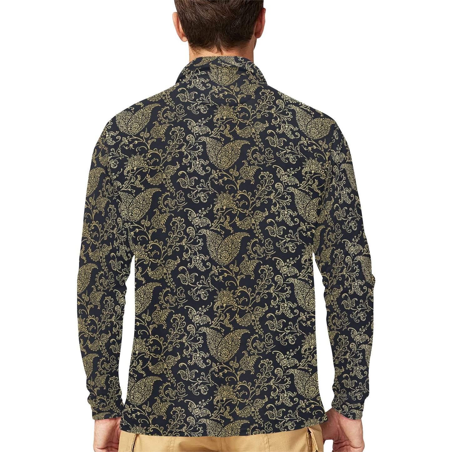 Brocade Pattern Print Design 04 Long Sleeve Polo Shirt For Men's