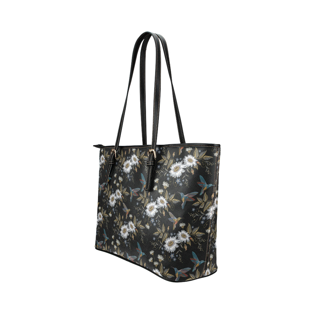 Hummingbird with Embroidery Themed Print Leather Tote Bag