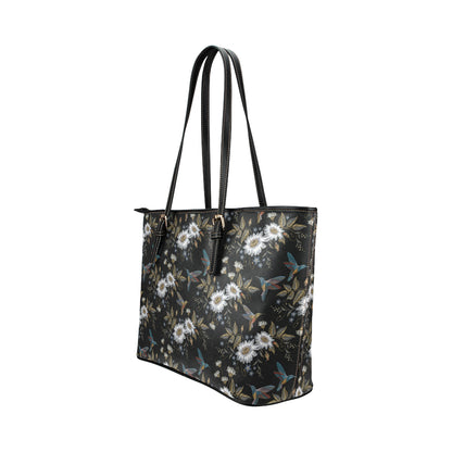 Hummingbird with Embroidery Themed Print Leather Tote Bag