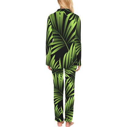 Green Neon Tropical Palm Leaves Women's Long Pajama Set
