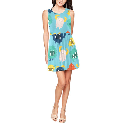 Monster Cartoon Pattern Print Design 03 Sleeveless Dress