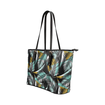 Gold Glitter Cyan Tropical Palm Leaves Leather Tote Bag