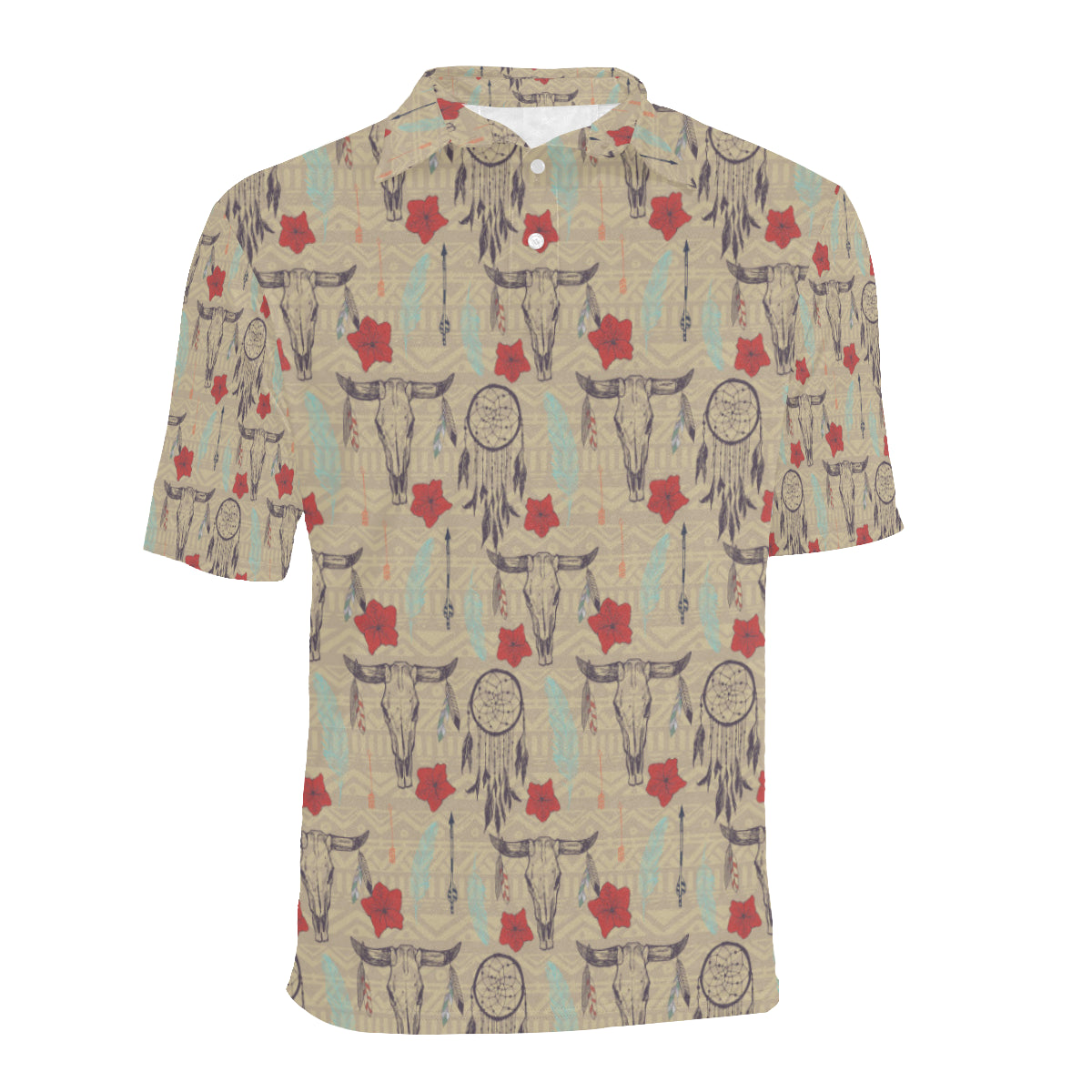Native Buffalo Head Themed Design Print Men Polo Shirt