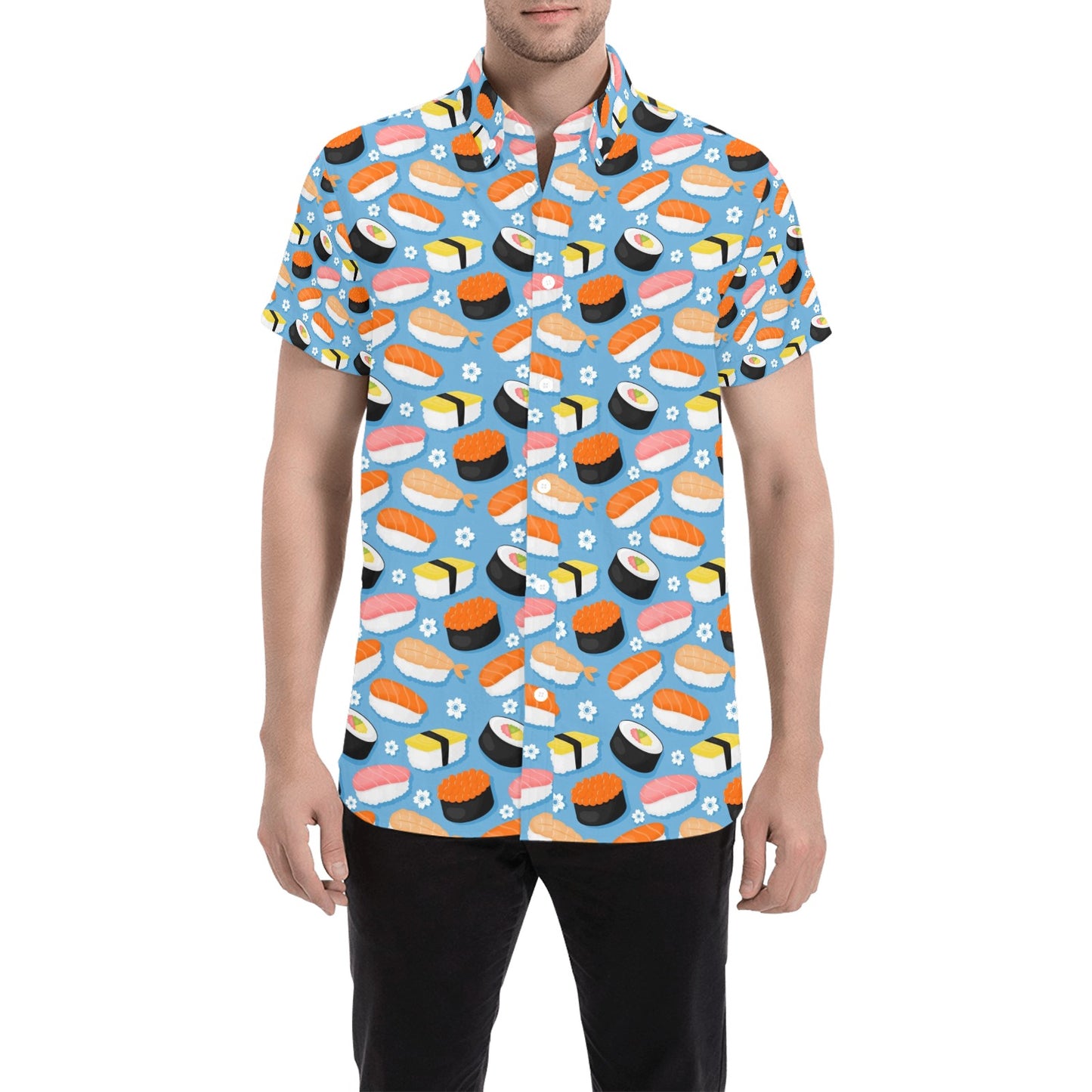 Sushi Print Design LKS304 Men Short Sleeve Button Up Shirt