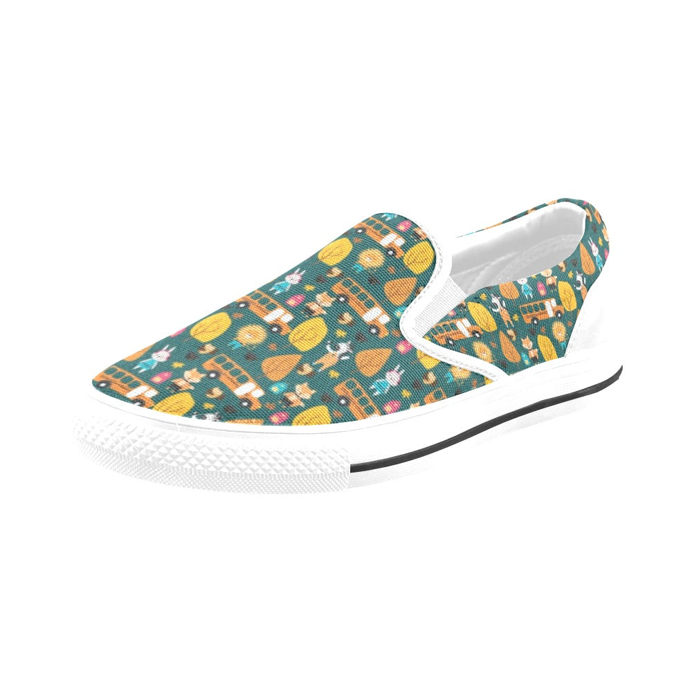 School Bus Print Design LKS309 White Slip Ons Canvas Women's Shoes