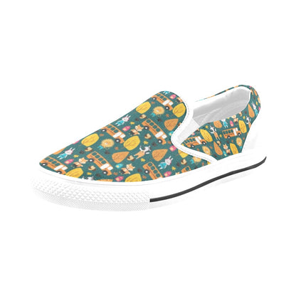 School Bus Print Design LKS309 White Slip Ons Canvas Women's Shoes