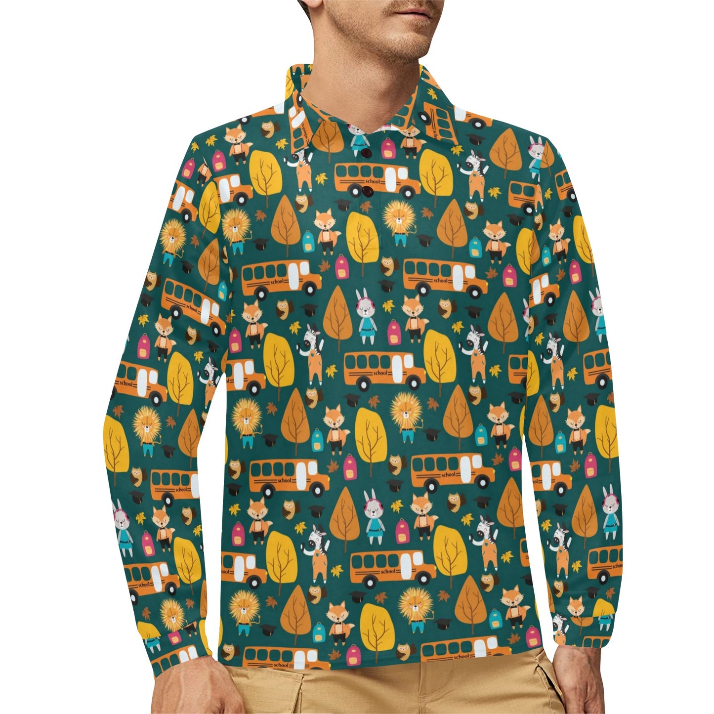 School Bus Print Design LKS309 Long Sleeve Polo Shirt For Men's