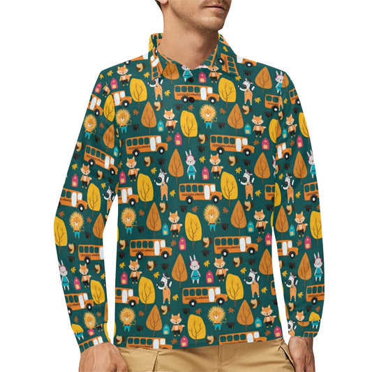 School Bus Print Design LKS309 Long Sleeve Polo Shirt For Men's
