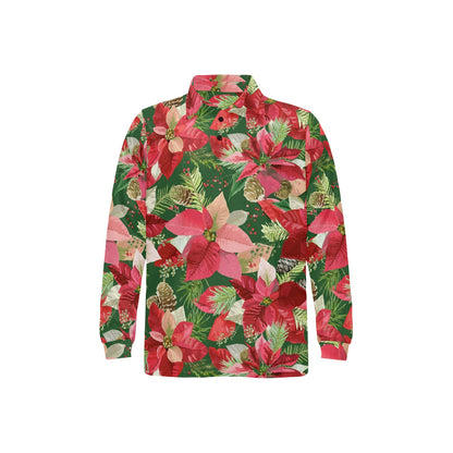 Poinsettia Pattern Print Design POT03 Long Sleeve Polo Shirt For Men's