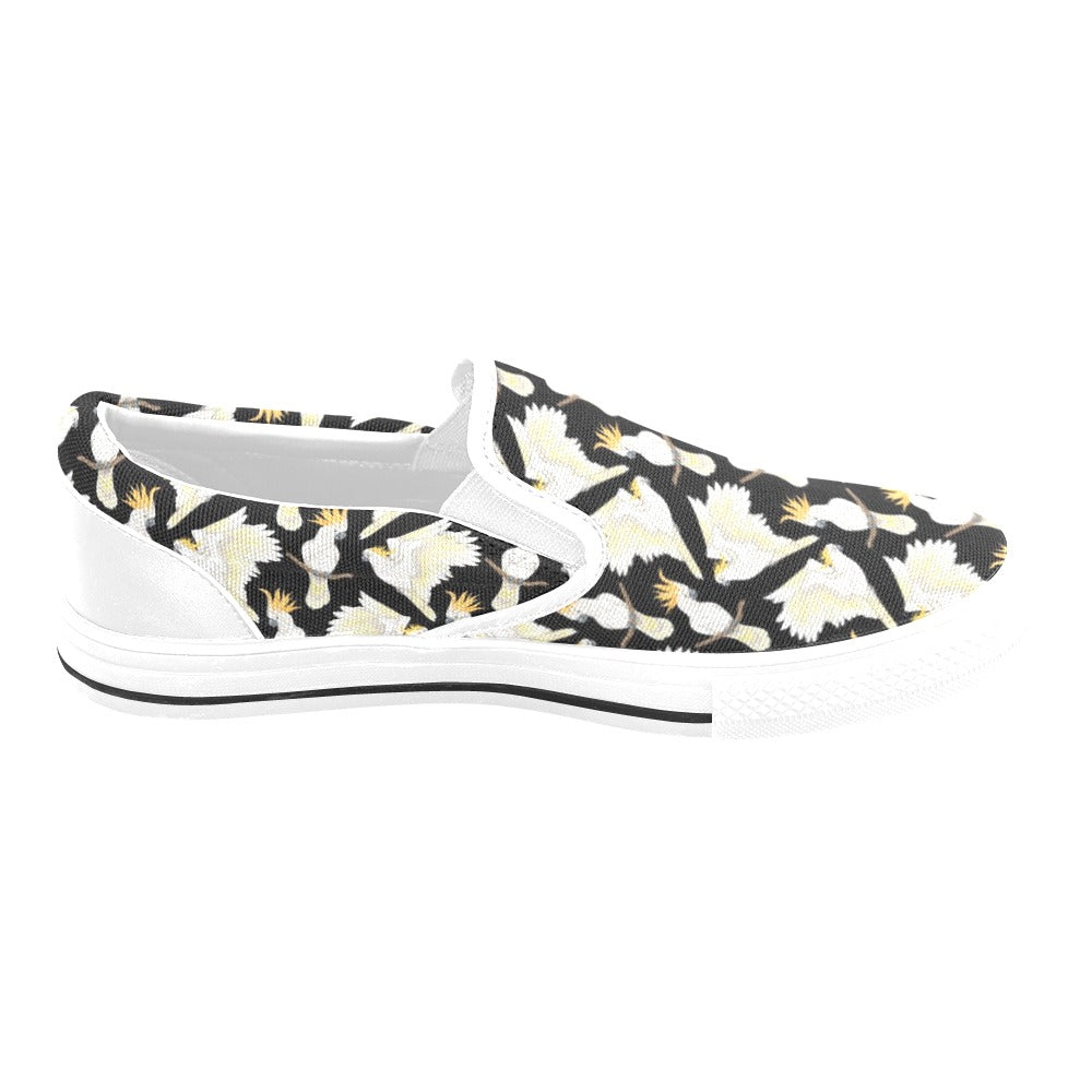 Cockatoo Print Design LKS402 White Slip Ons Canvas Women's Shoes