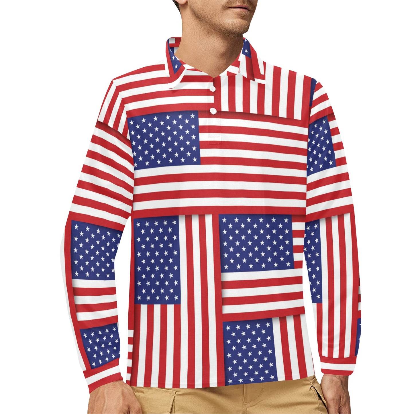 Patriotic US Flag Pattern Print Design A01 Long Sleeve Polo Shirt For Men's