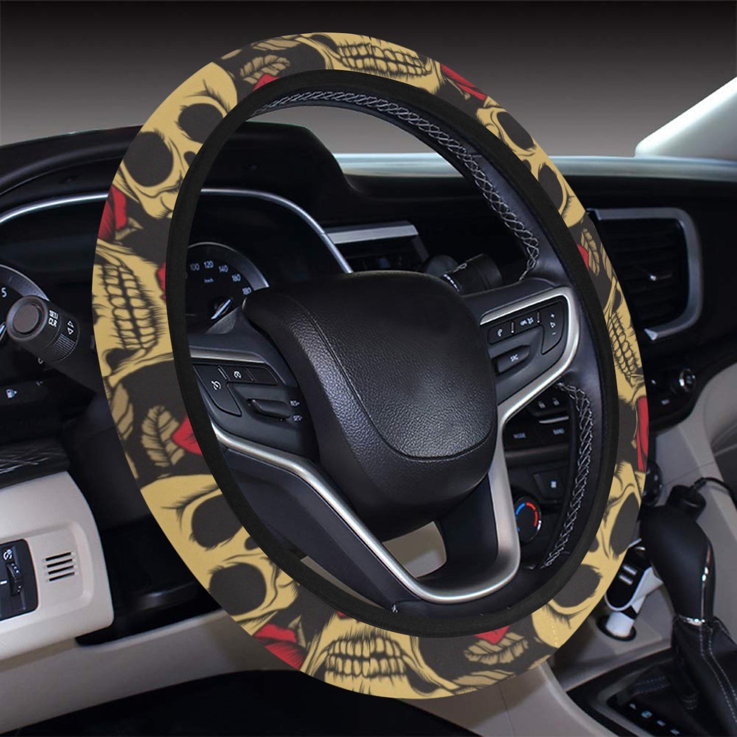 Skull And Roses Print Design LKS302 Steering Wheel Cover with Elastic Edge
