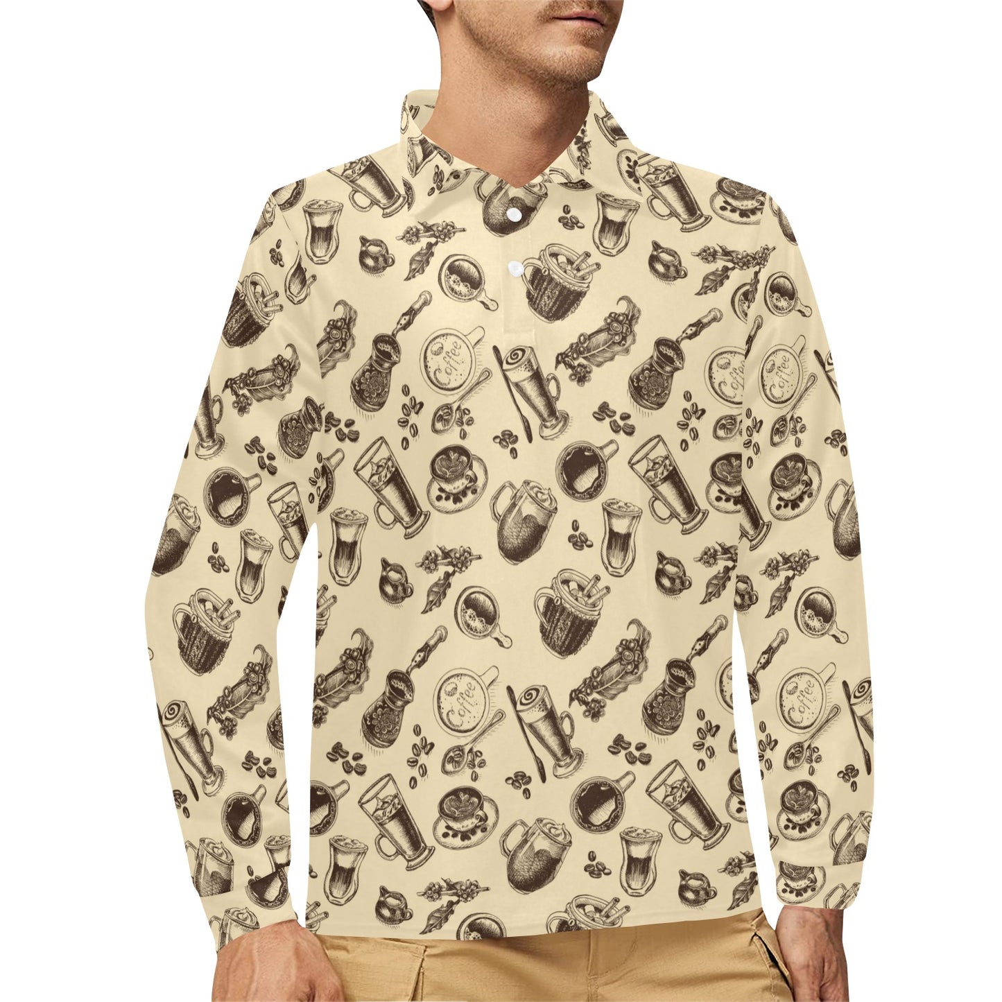 Coffee Pattern Print Design 05 Long Sleeve Polo Shirt For Men's