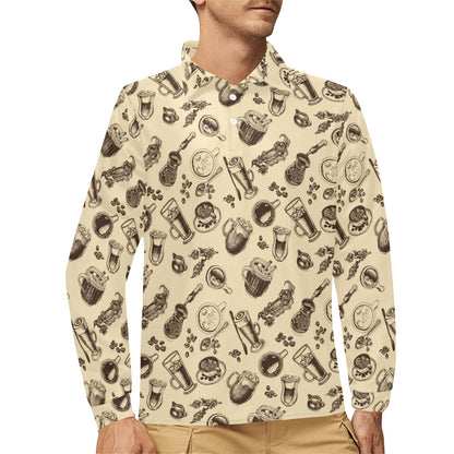 Coffee Pattern Print Design 05 Long Sleeve Polo Shirt For Men's