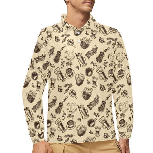 Coffee Pattern Print Design 05 Long Sleeve Polo Shirt For Men's