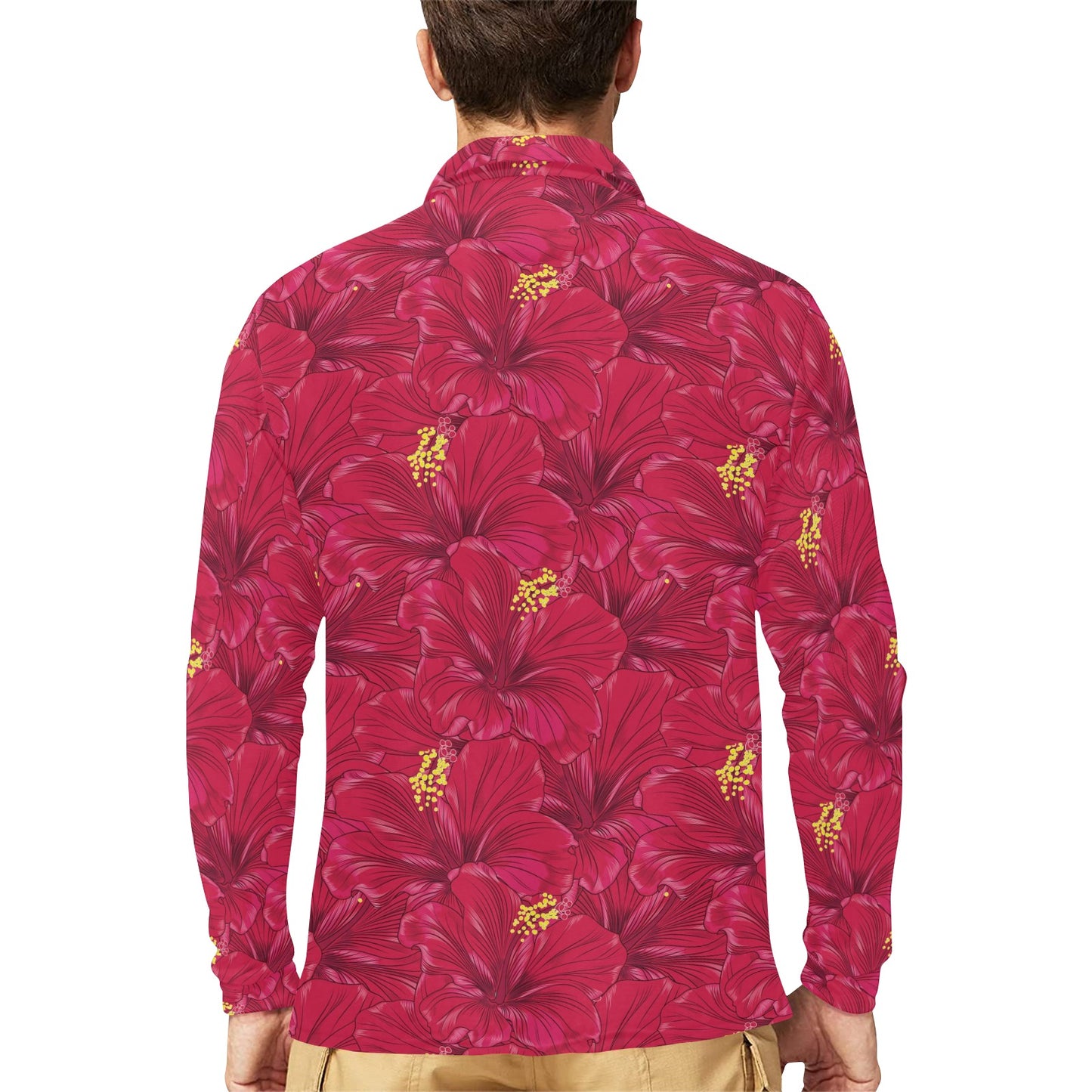 Hibiscus Red Pattern Print LKS308 Long Sleeve Polo Shirt For Men's