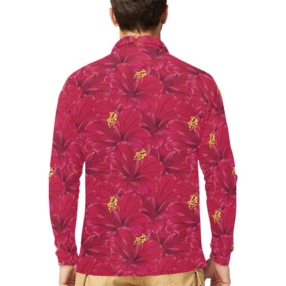 Hibiscus Red Pattern Print LKS308 Long Sleeve Polo Shirt For Men's