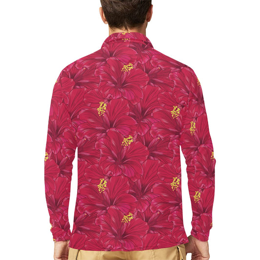 Hibiscus Red Pattern Print LKS308 Long Sleeve Polo Shirt For Men's