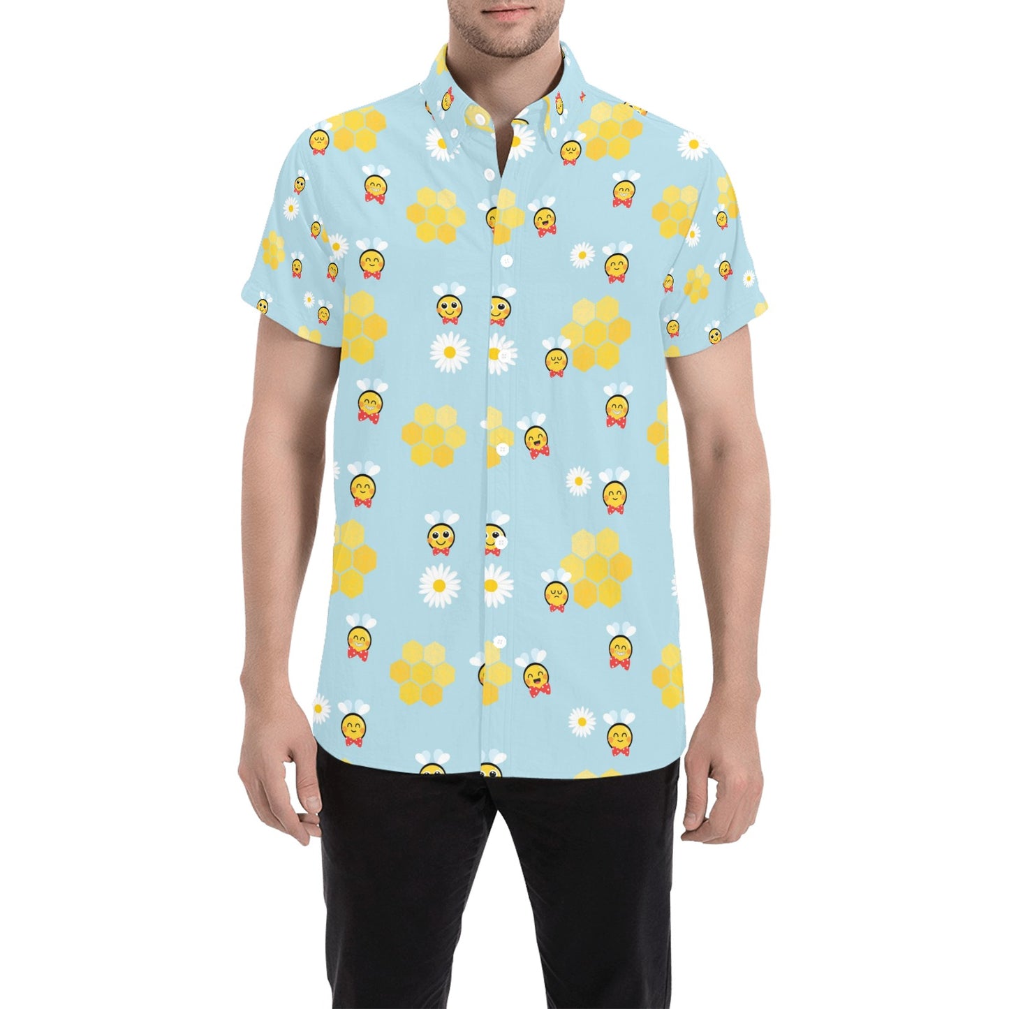 Bee Cute Print Design LKS304 Men Short Sleeve Button Up Shirt