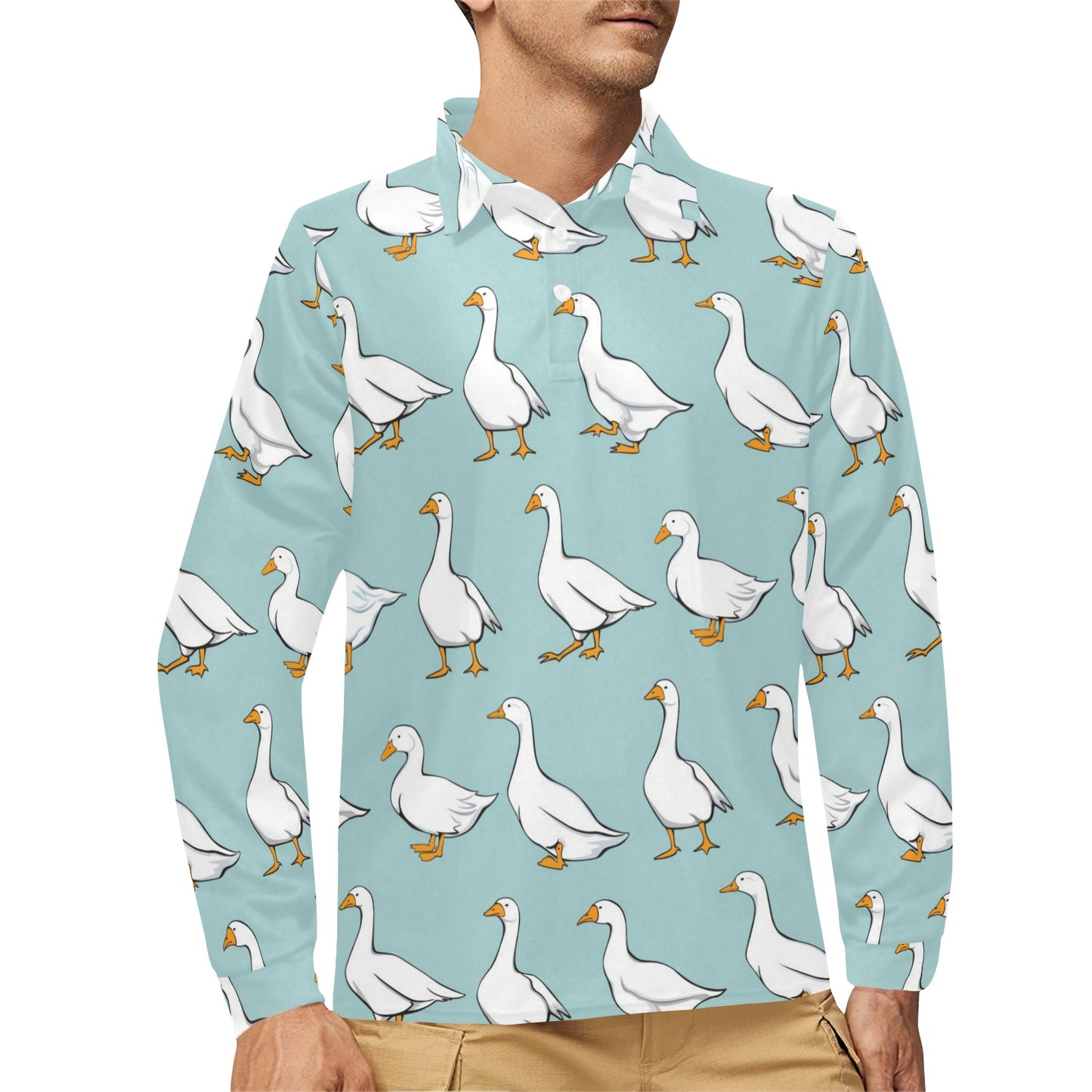 Goose Pattern Print Design 02 Long Sleeve Polo Shirt For Men's
