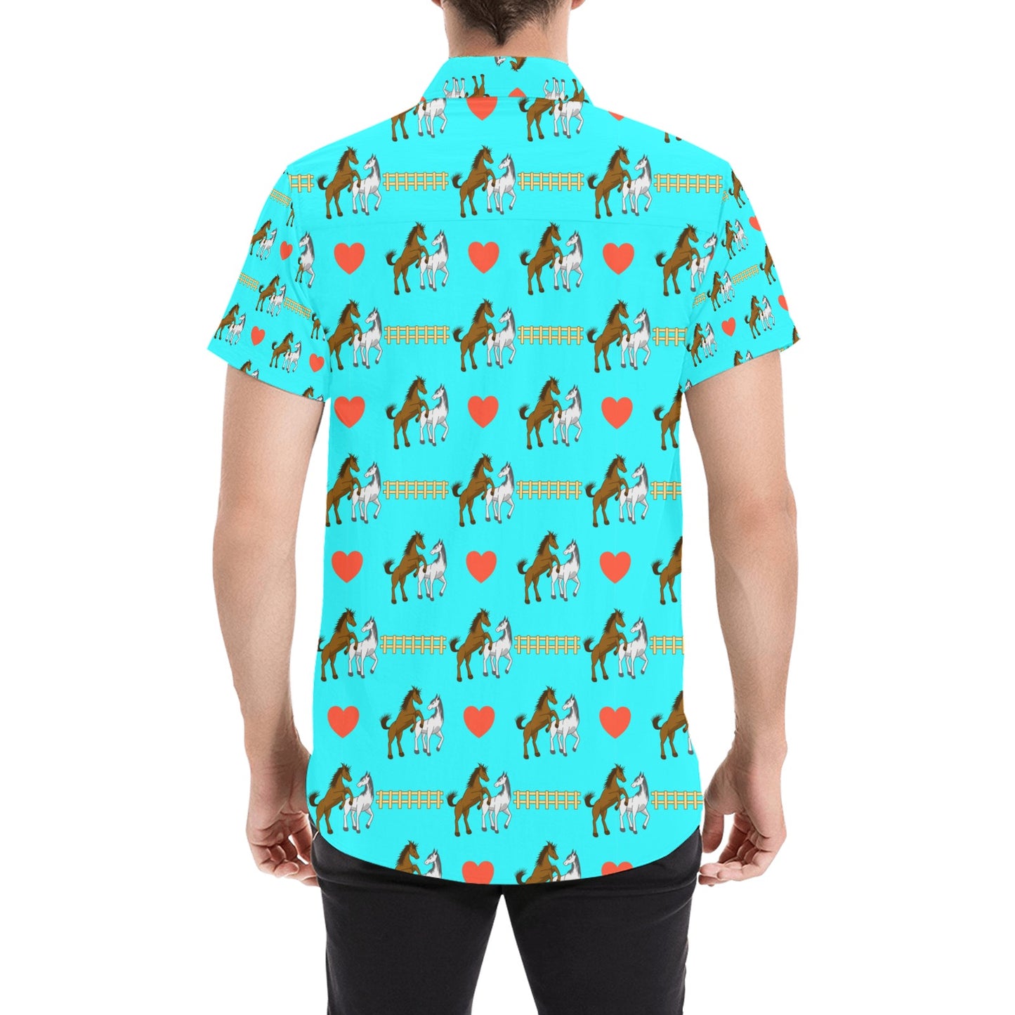 Horse Couple Love Print Design LKS309 Men Short Sleeve Button Up Shirt