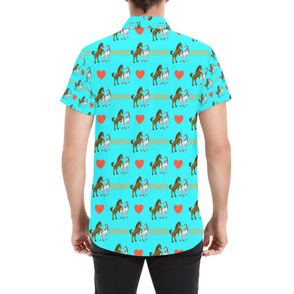 Horse Couple Love Print Design LKS309 Men Short Sleeve Button Up Shirt