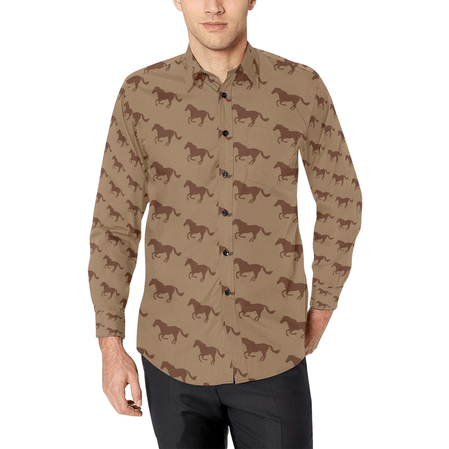 Horse Brown Print Design LKS307 Men's Long Sleeve Dress Shirt