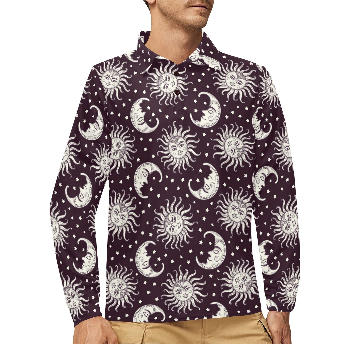 Sun Moon Face Long Sleeve Polo Shirt For Men's