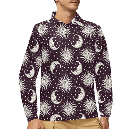 Sun Moon Face Long Sleeve Polo Shirt For Men's