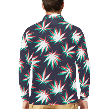Pot Leaf Pattern Print Design A01 Long Sleeve Polo Shirt For Men's