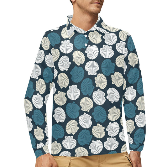 Seashell Print Design LKS3013 Long Sleeve Polo Shirt For Men's