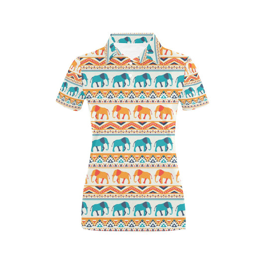 Elephant Aztec Ethnic Print Pattern Women's Polo Shirt