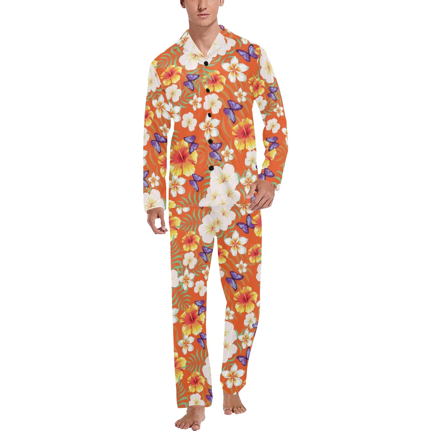 Tropical Flower Pattern Print Design TF027 Men's Long Pajama Set