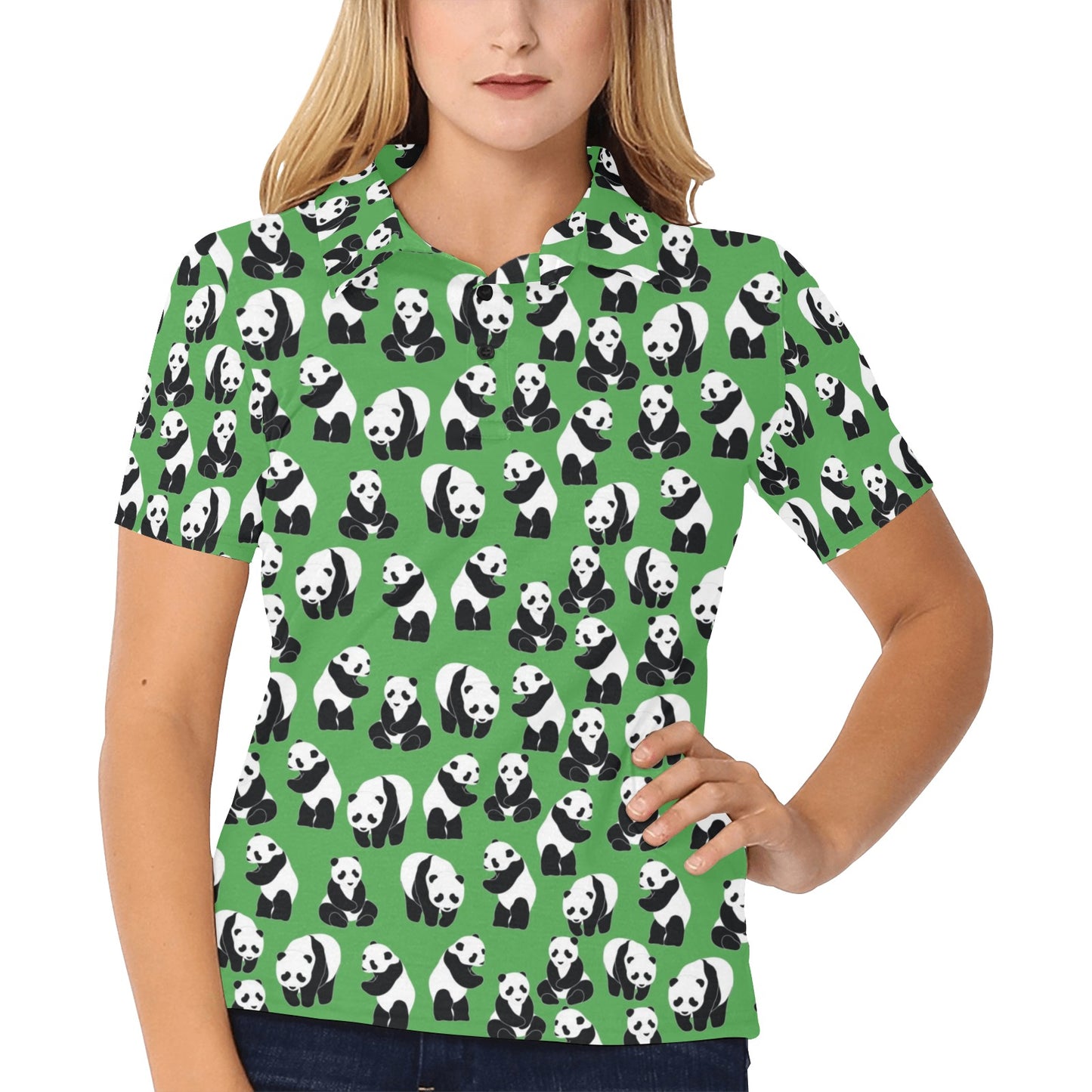 Panda Bear Pattern Themed Print Women's Polo Shirt