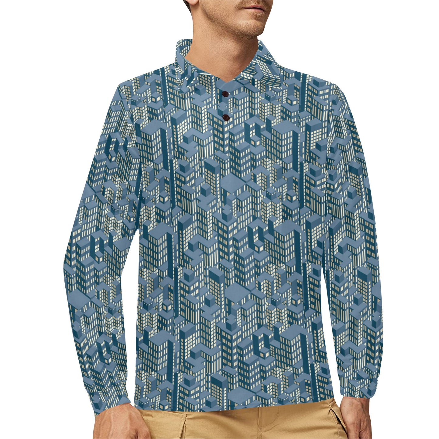 City  Pattern Print Design 01 Long Sleeve Polo Shirt For Men's