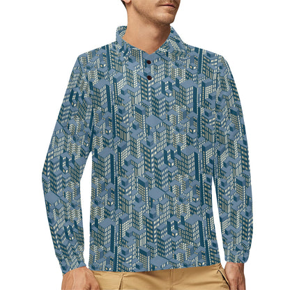 City  Pattern Print Design 01 Long Sleeve Polo Shirt For Men's