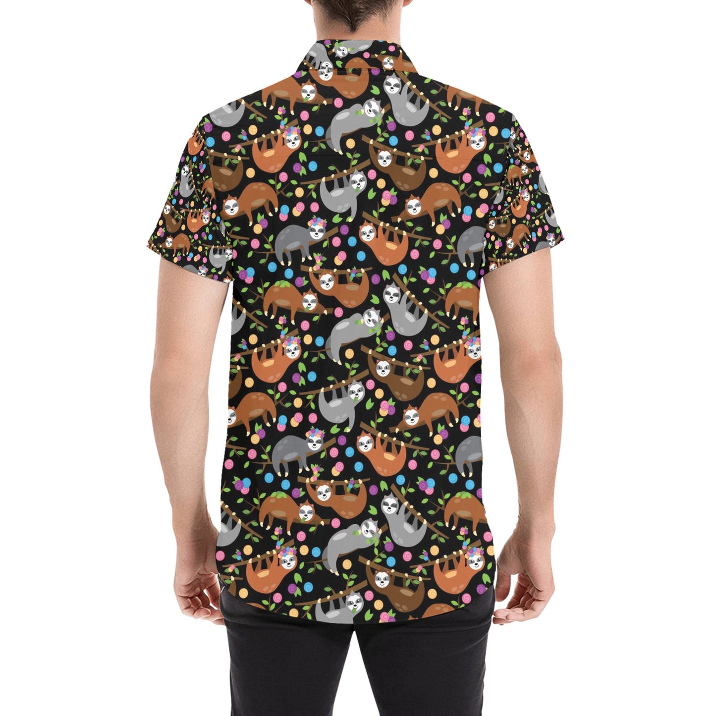 Sloth Print Design LKS306 Men Short Sleeve Button Up Shirt