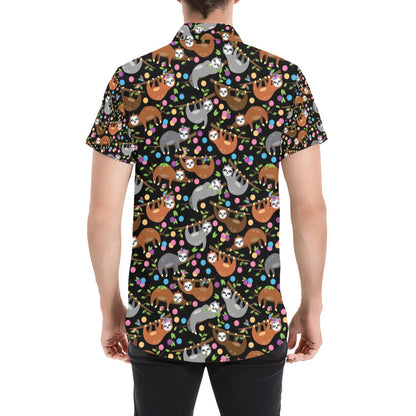 Sloth Print Design LKS306 Men Short Sleeve Button Up Shirt