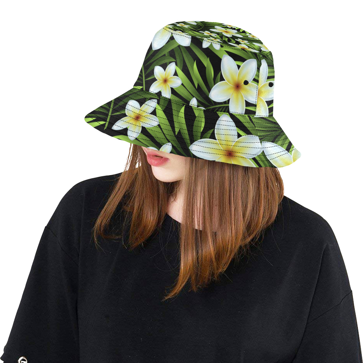 White Plumeria Pattern Print Design PM06 Unisex Bucket Hat