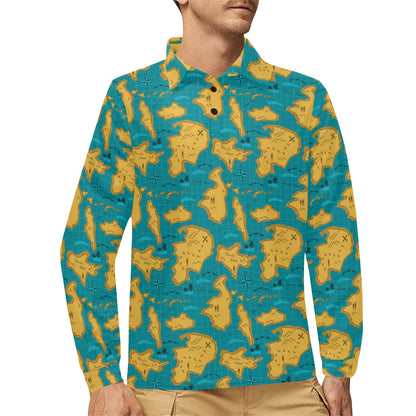World Map Print Design LKS301 Long Sleeve Polo Shirt For Men's