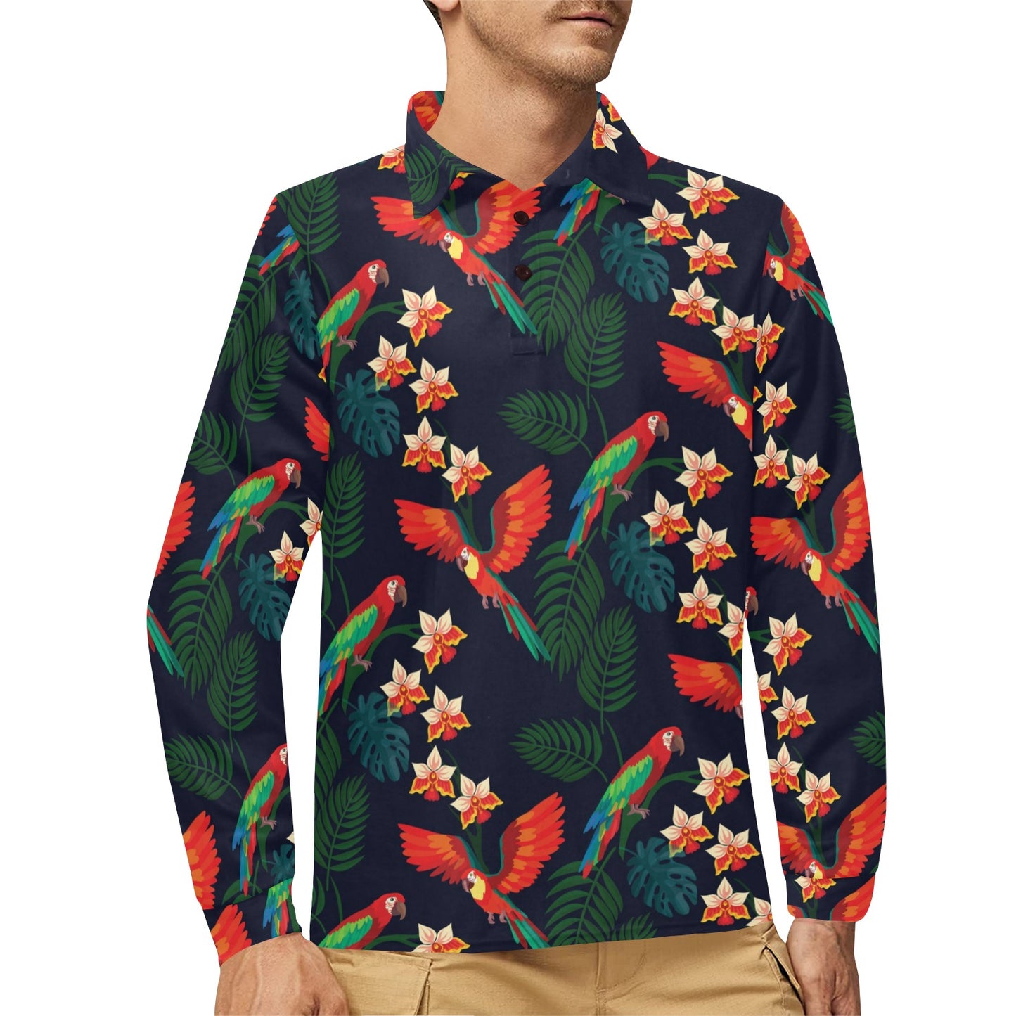 Macaw Pattern Print Design 02 Long Sleeve Polo Shirt For Men's