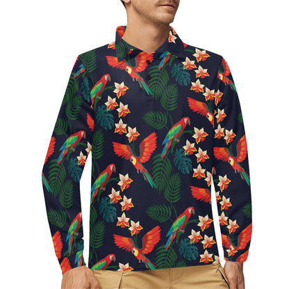 Macaw Pattern Print Design 02 Long Sleeve Polo Shirt For Men's