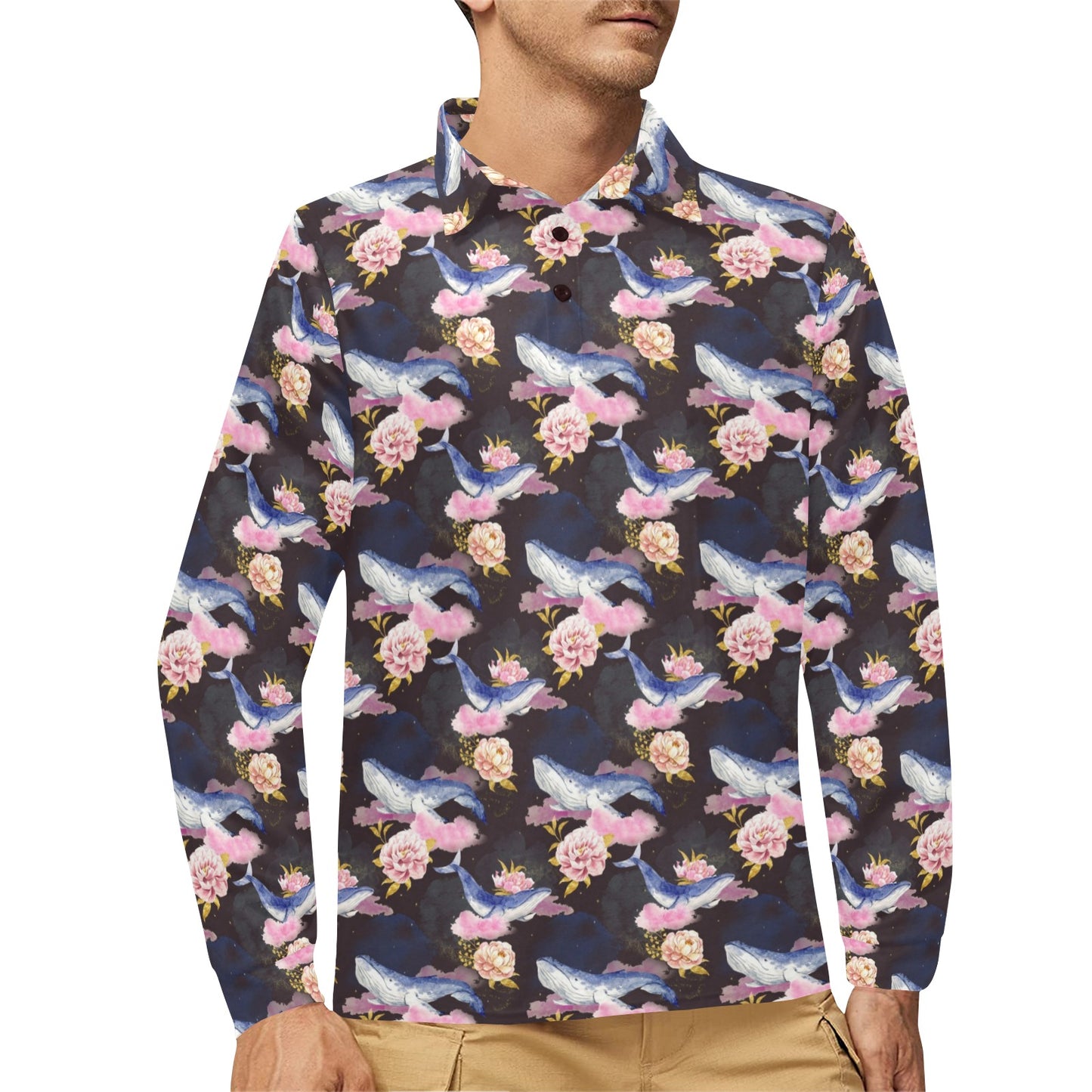 Blue Whale Print Design LKS401 Long Sleeve Polo Shirt For Men's