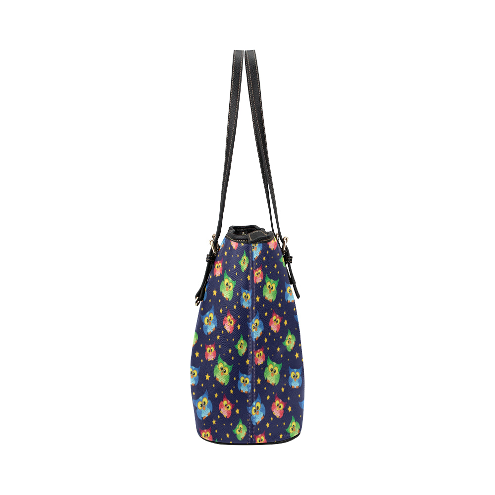Owl with Star Themed Design Print Leather Tote Bag