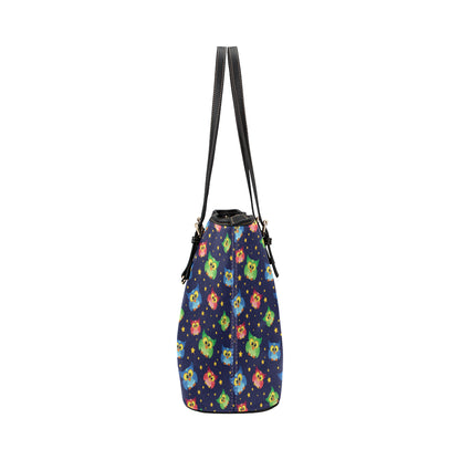 Owl with Star Themed Design Print Leather Tote Bag